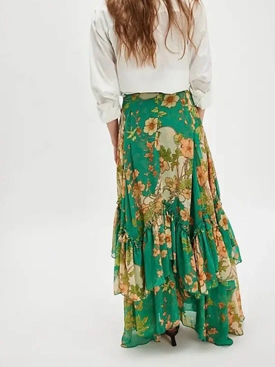 NWT Free People Palermo Villa Chiffon Maxi Skirt in Emerald Combo Size 6 - Picture 6 of 7